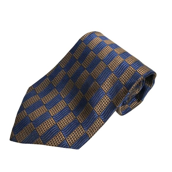 Geoffrey Beene Mens 100% Silk Tie Blue & Brown Checkered Necktie Made in USA - Picture 1 of 4